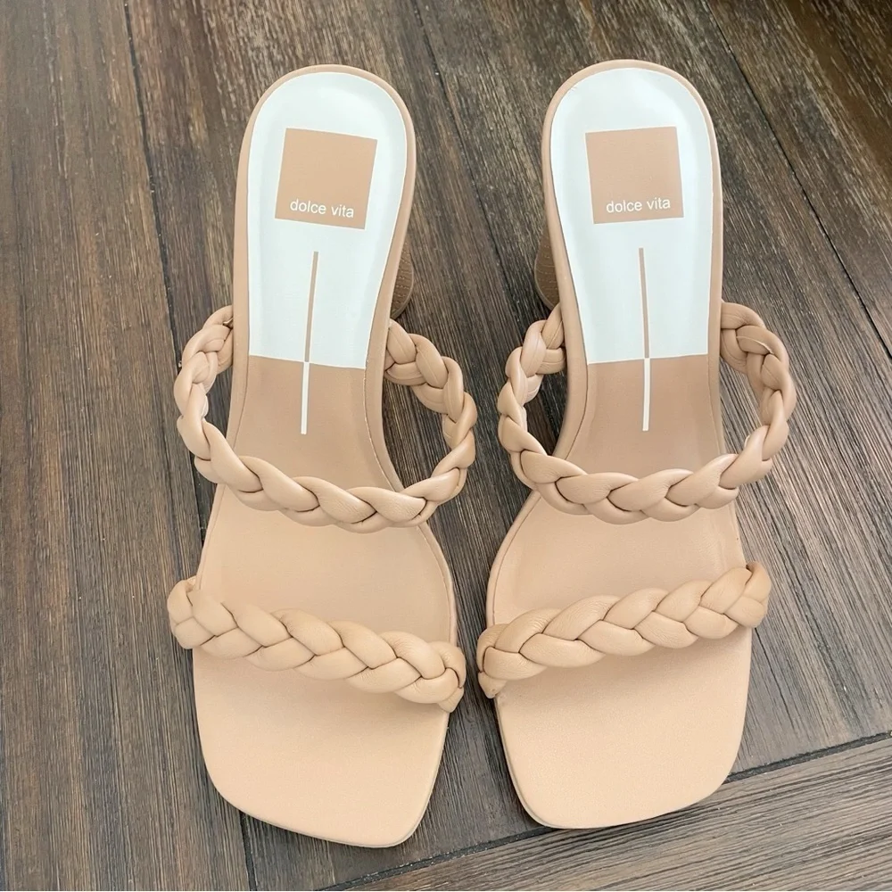 New Dolce Vita Nairi Braided Strappy Block Heel Sandal in Cafe Stella Neutral - Picture 2 of 8